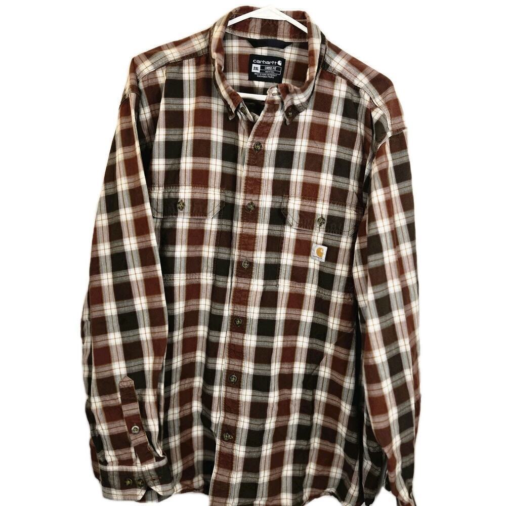 Carhartt Shirt Mens 2XL Brown Plaid Loose Fit Button Down Long Sleeve Gorpcore